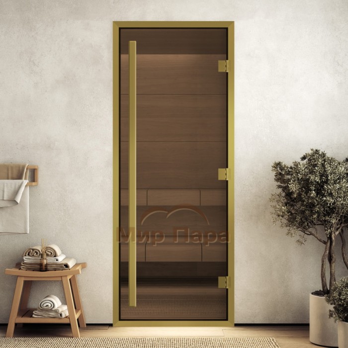 Doorwood 2100x700 (хамам Престиж, бронза, коробка алюминий) в золотом профиле