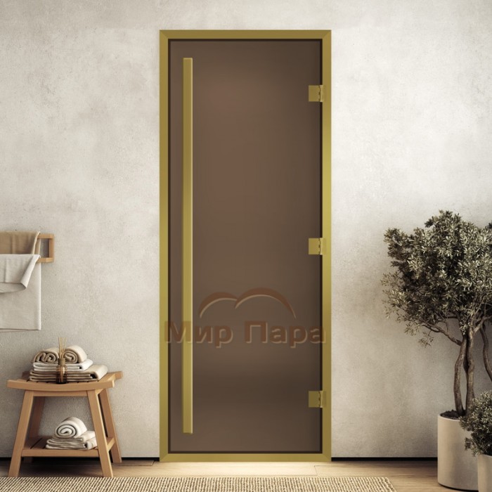 Doorwood 2100x900 (хамам Престиж, бронза матовая, коробка алюминий) в золотом профиле Doorwood 2100x900 (хамам Престиж, бронза матовая, коробка алюминий) в золотом профиле