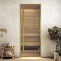 Doorwood 2100x700 (хамам Престиж, прозрачное, коробка алюминий) в золотом профиле