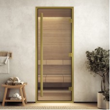 Doorwood 2000x700 (хамам Престиж, прозрачное, коробка алюминий) в золотом профиле