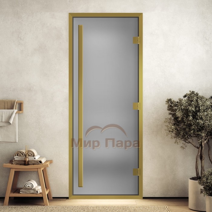 Doorwood 2000x900 (хамам Престиж, сатин, коробка алюминий) в золотом профиле