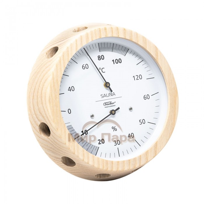 Термометр-гигрометр для сауны Fischer в деревянном корпусе, Ø155 мм, минеральное стекло