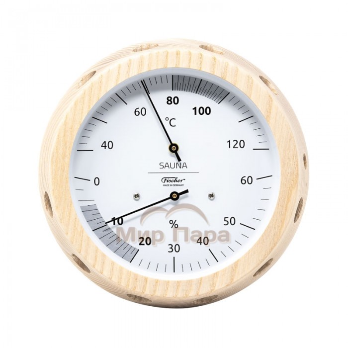 Термометр-гигрометр для сауны Fischer в деревянном корпусе, Ø155 мм, минеральное стекло