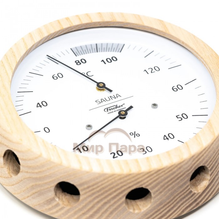 Термометр-гигрометр для сауны Fischer в деревянном корпусе, Ø155 мм, минеральное стекло