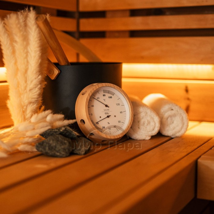 Термометр-гигрометр для сауны Fischer в деревянном корпусе, Ø155 мм, минеральное стекло