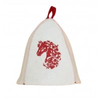 Шапка банная с вышивкой «Красный конь» войлок белый