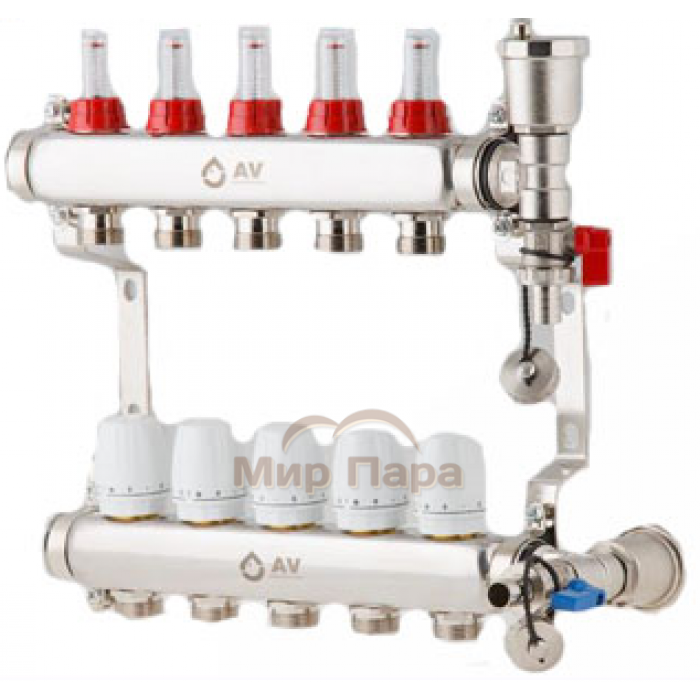 Распределительный коллектор из нержавеющей стали 1x3/4" со встроенными расходомерами AV Engineering AVE136