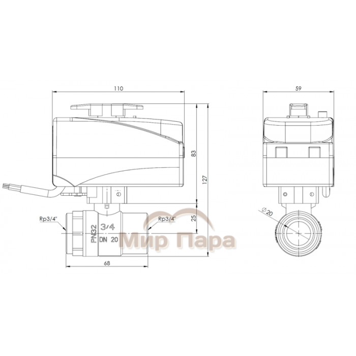 2-ходовой шаровой кран с приводом BEV212, DN20, ВР3/4", Kvs 45 м³/ч, 230 В AC, НЗ (90 212 00)