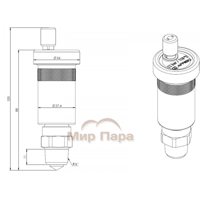 Воздухоотводчик Afriso PrimoVent НР3/8" с Aquastop и отсечным клапаном НР1/2", никелированный (77 735 61)