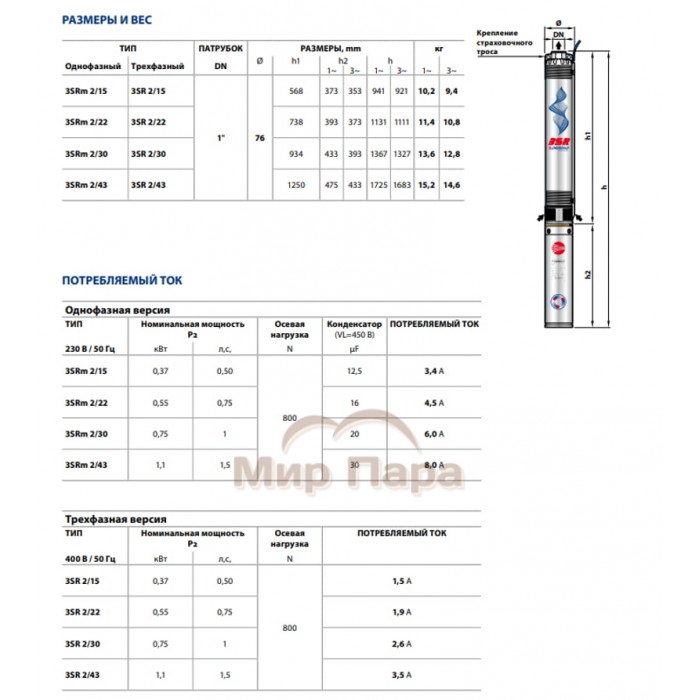 Глубинный насос для воды Pedrollo 3SRm2/28-P с QEM/3-100