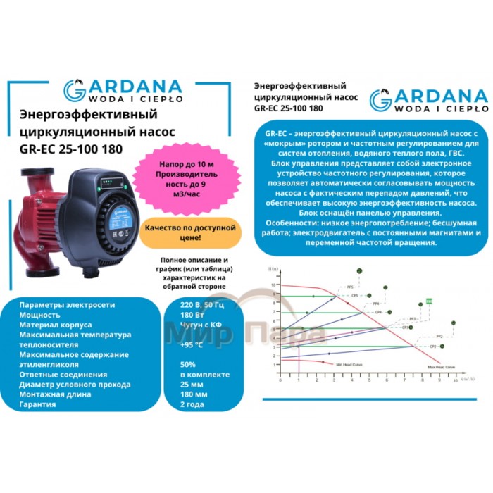 Энергоэффективный насос циркуляционный GARDANA GR-EC 25-100 180