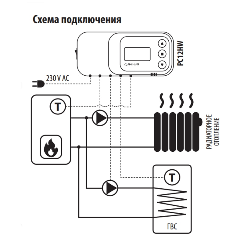 Регулятор для управления насосом центрального отопления Salus PC12HW, схема подключения