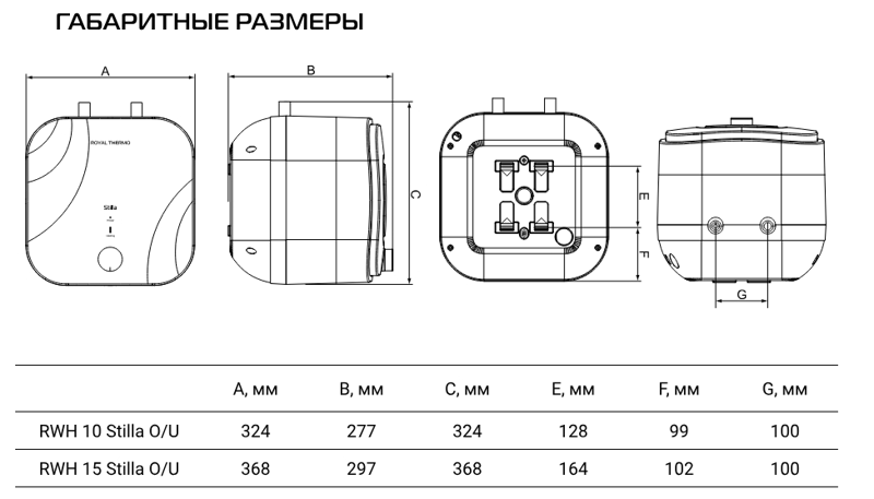 Водонагреватель Royal Thermo RWH 10 Stilla, размеры