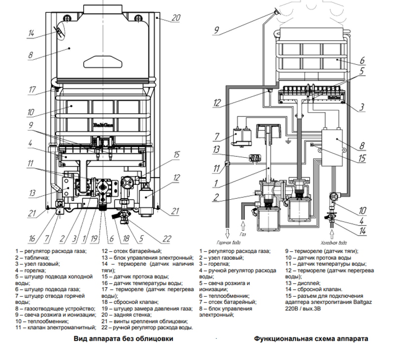 Газовый проточный водонагреватель NEVA 4513 Е (с датчиком протока), схема